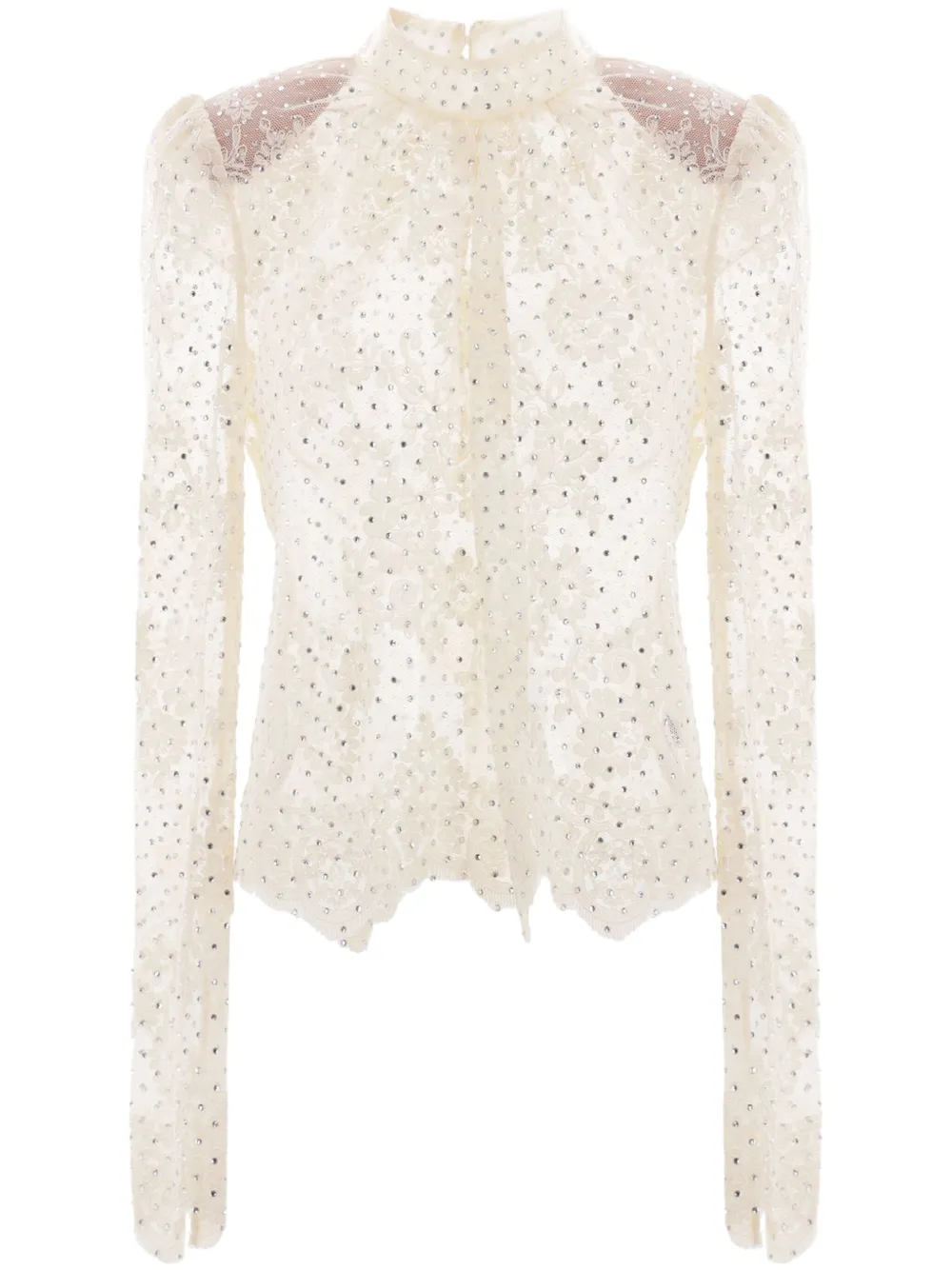 Shop Self-portrait Rhinestone Lace Blouse In Neutrals