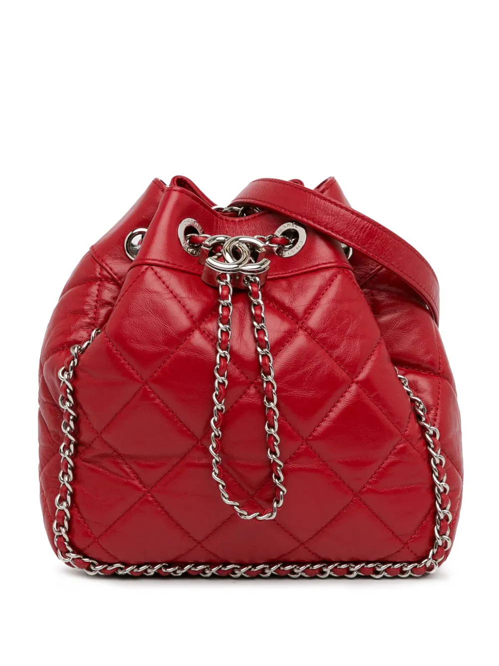 CHANEL Pre-Owned 2019 Aged Calfskin Chain Around Drawstring bucket bag | Red | Image 1