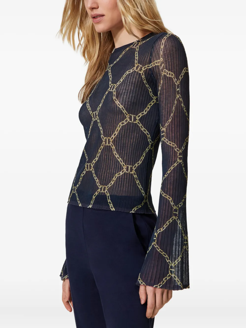 Twinset Chain-print Flared-sleeve Sweater In Blue