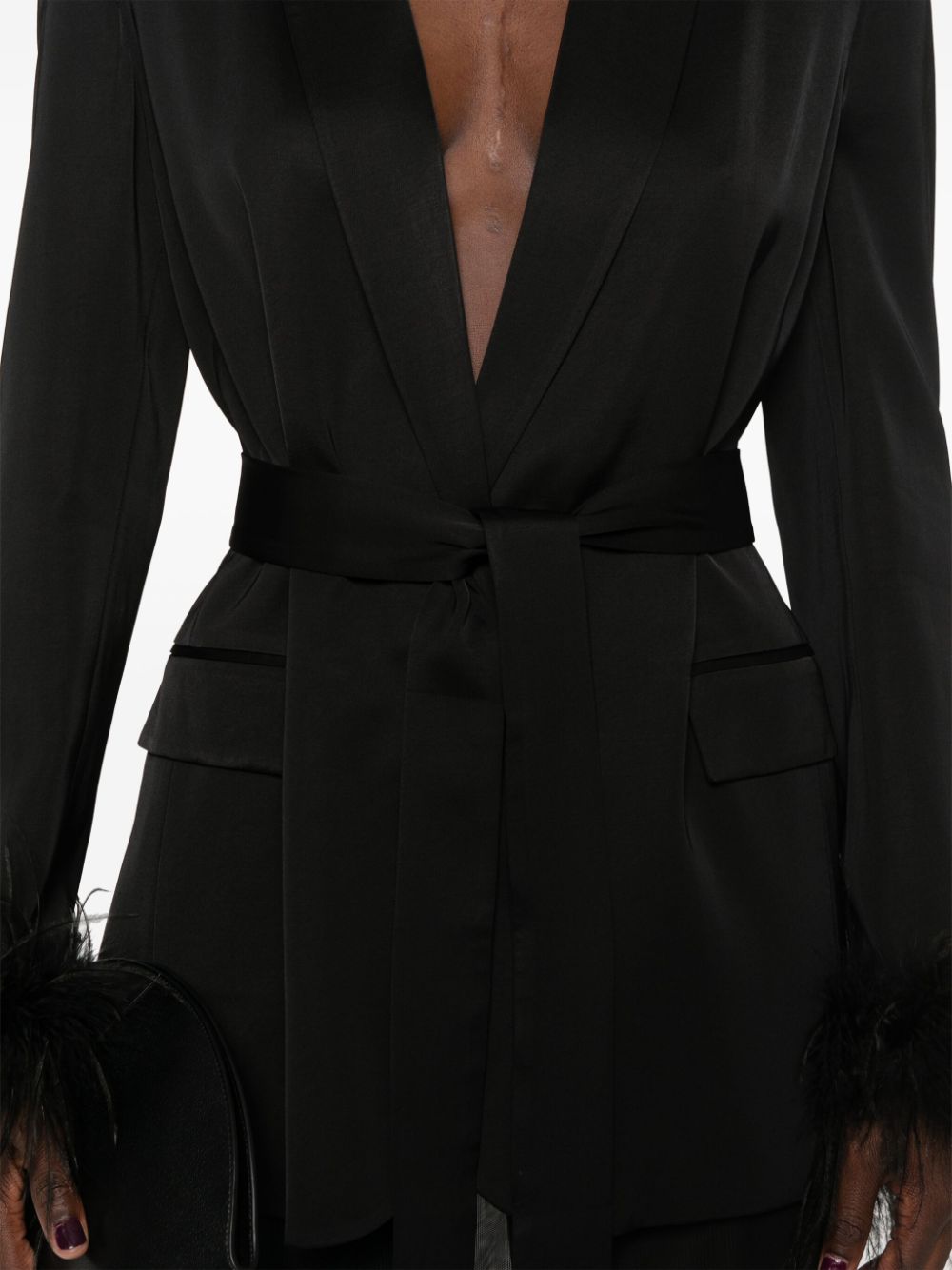 Shop Twinset Feather-trim Satin Blazer In Black