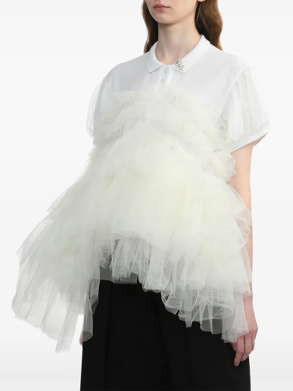 泡泡袖薄纱拼接POLO衫