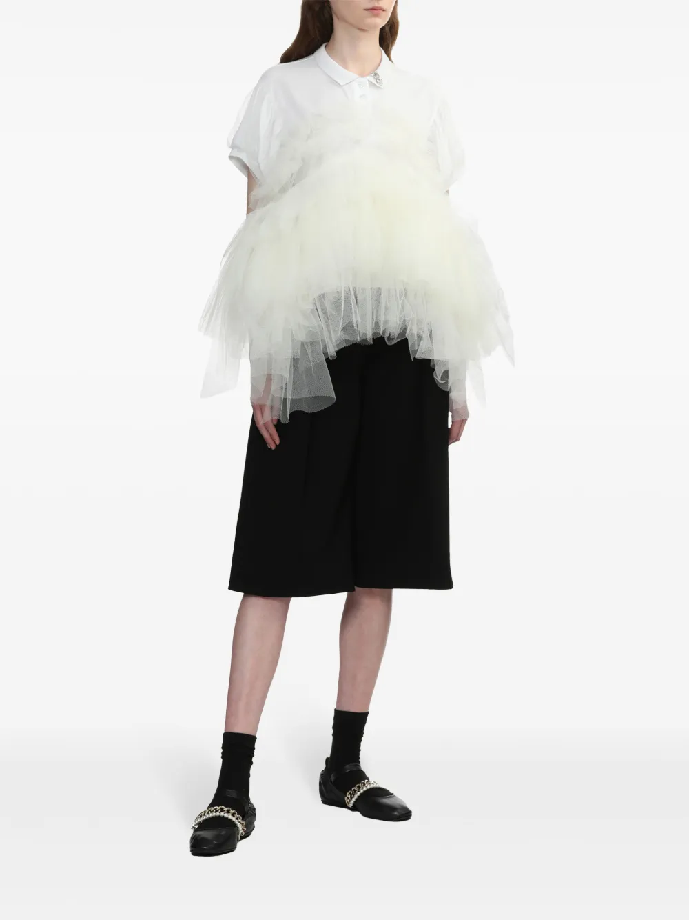 泡泡袖薄纱拼接POLO衫