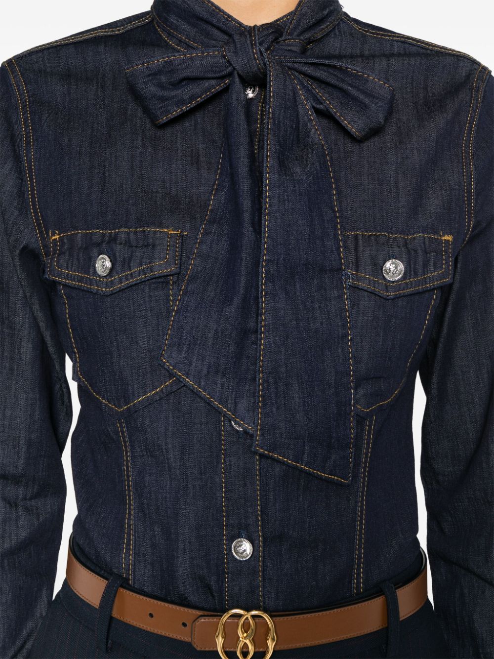 Shop Liu •jo Bow-collar Long-sleeve Denim Shirt In Blue