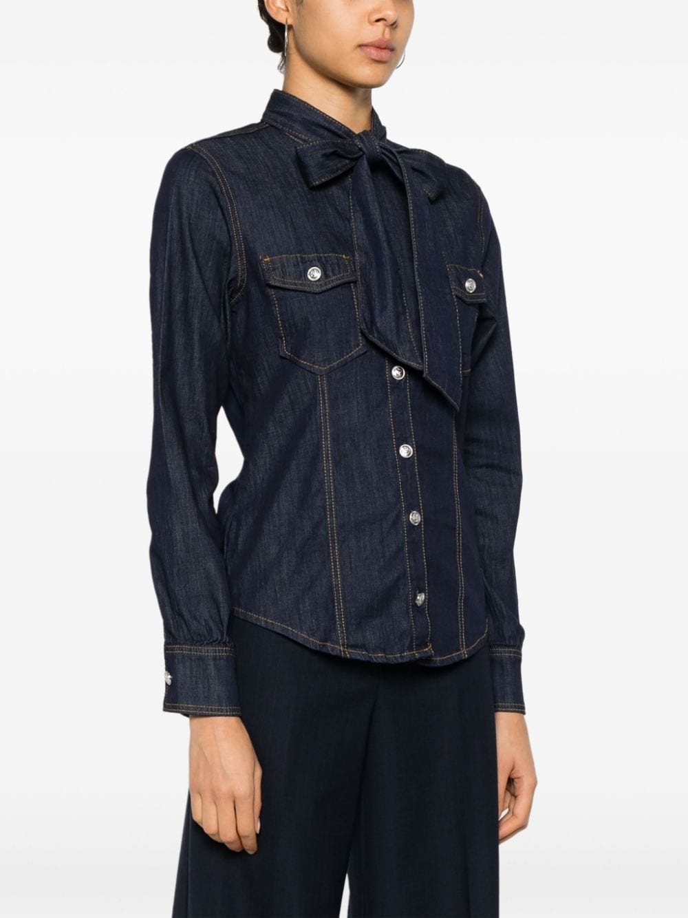 Shop Liu •jo Bow-collar Long-sleeve Denim Shirt In Blue