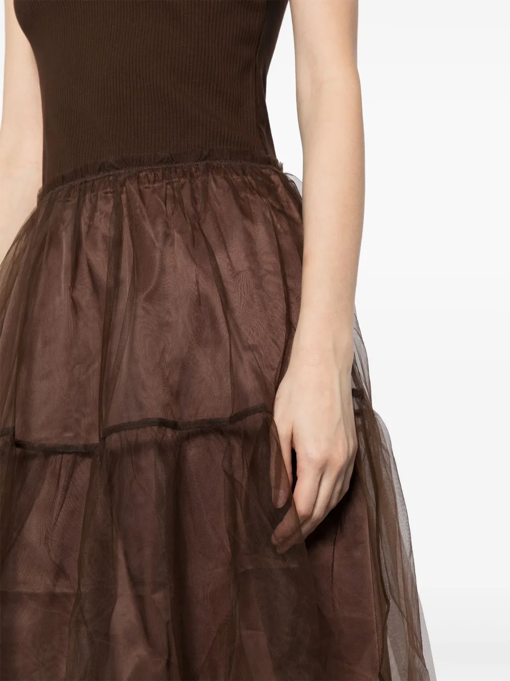 Jnby Tulle-inserts Midi Dress In Brown