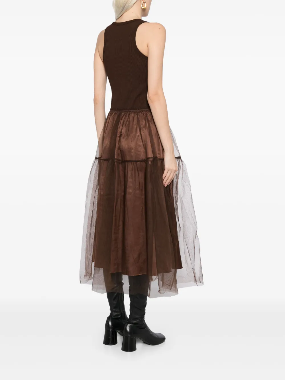 Jnby Tulle-inserts Midi Dress In Brown