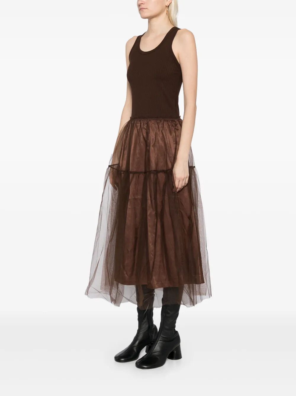 Jnby Tulle-inserts Midi Dress In Brown