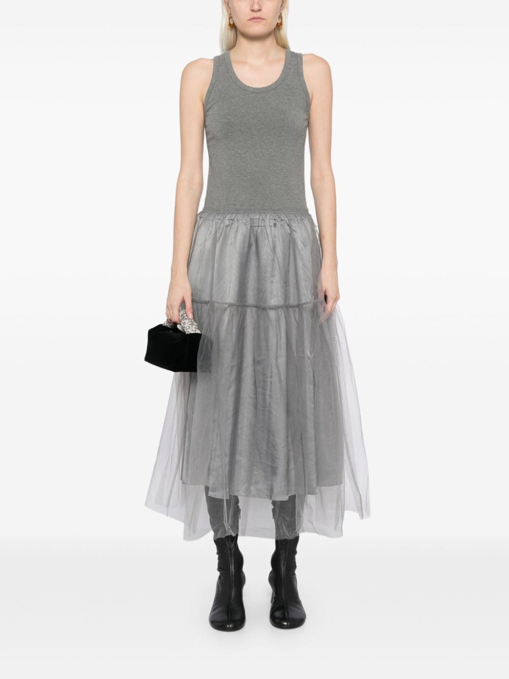 Shop Jnby Tulle-inserts Midi Dress In Grey