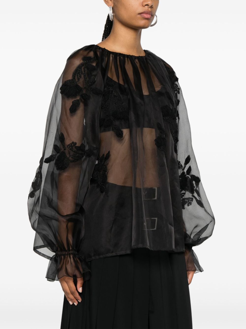 Ermanno Scervino Organza blouse met bloemenkant Zwart