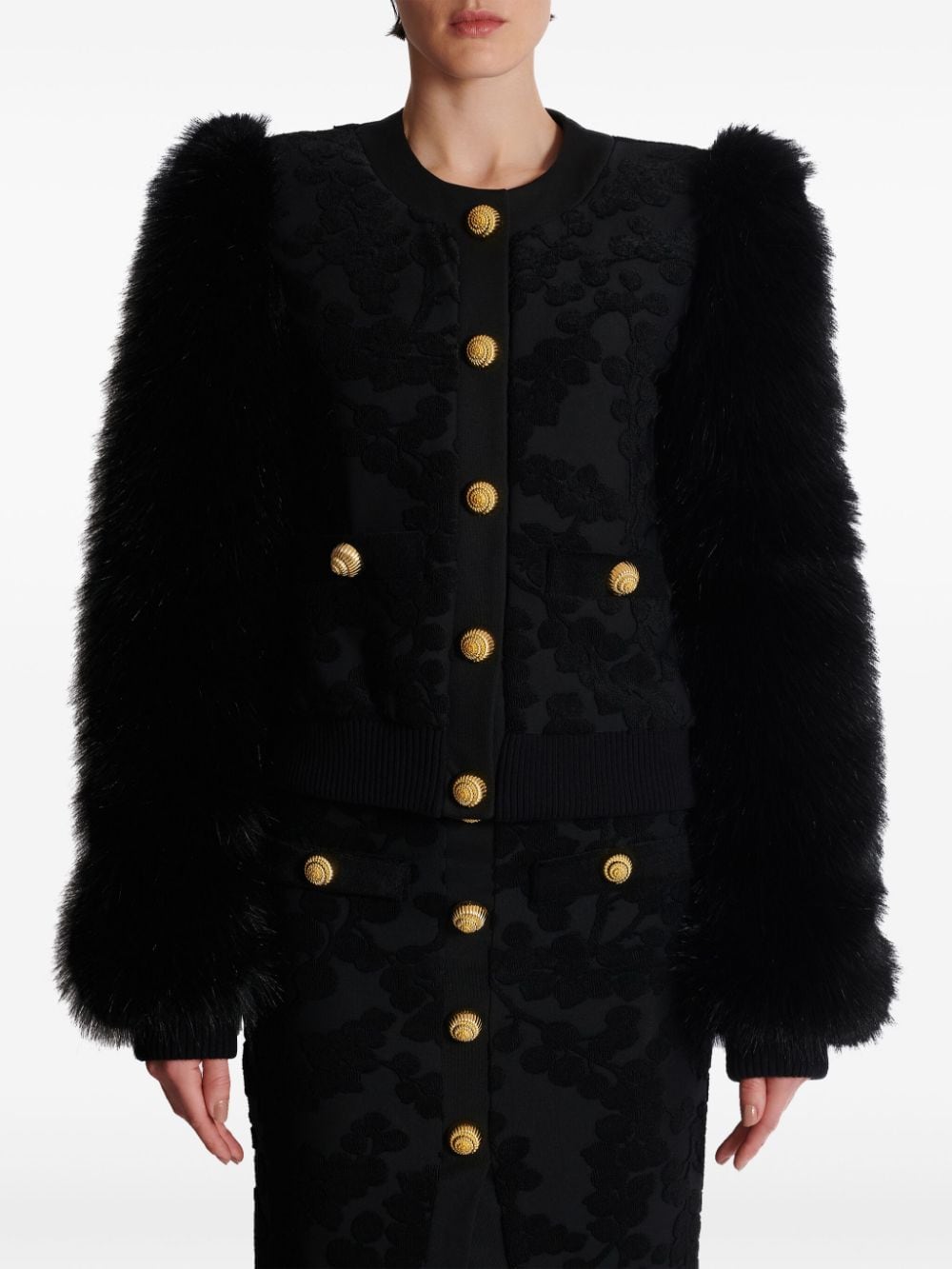 Shop Balmain Floral Faux Fur Bomber Jacket In Black