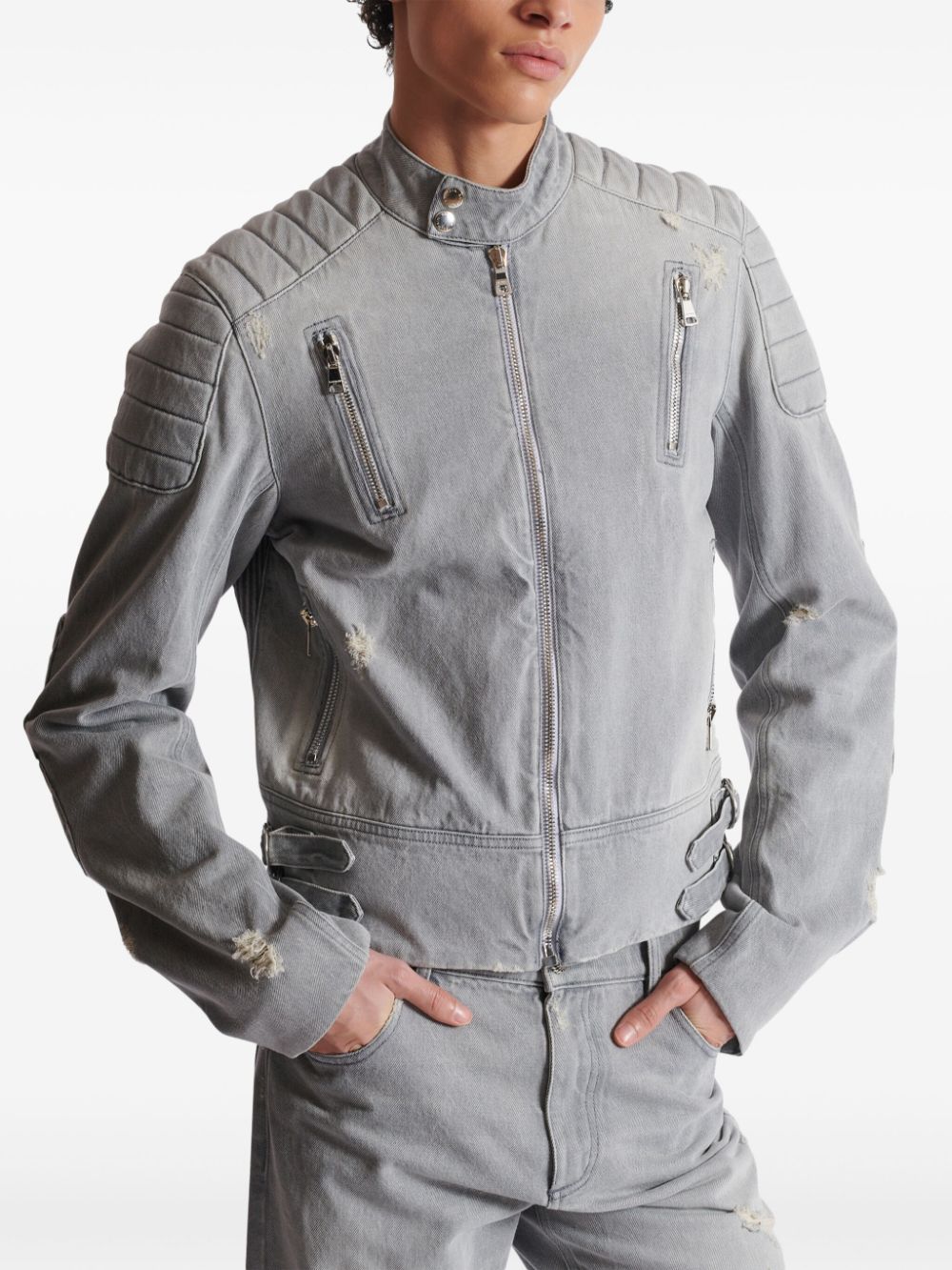 Shop Balmain Biker Denim Jacket In Grau