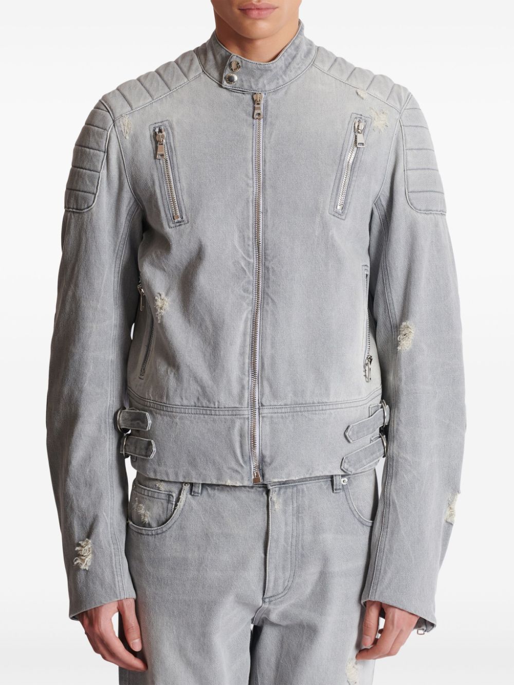 Shop Balmain Biker Denim Jacket In Grau