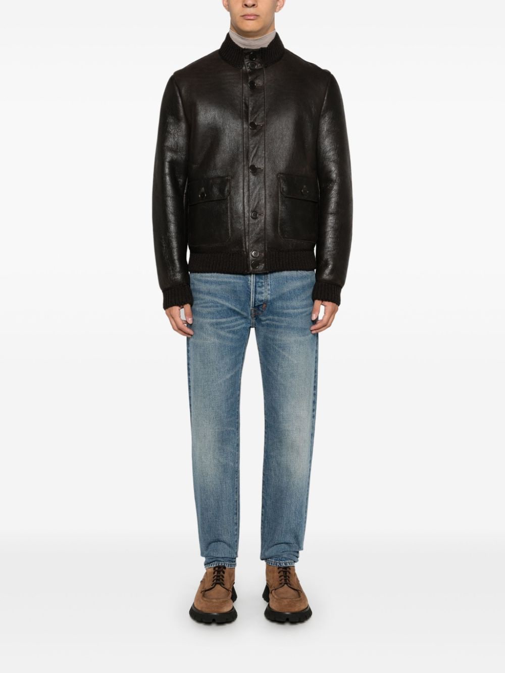 Shop Salvatore Santoro Leather Bomber Jacket In Brown