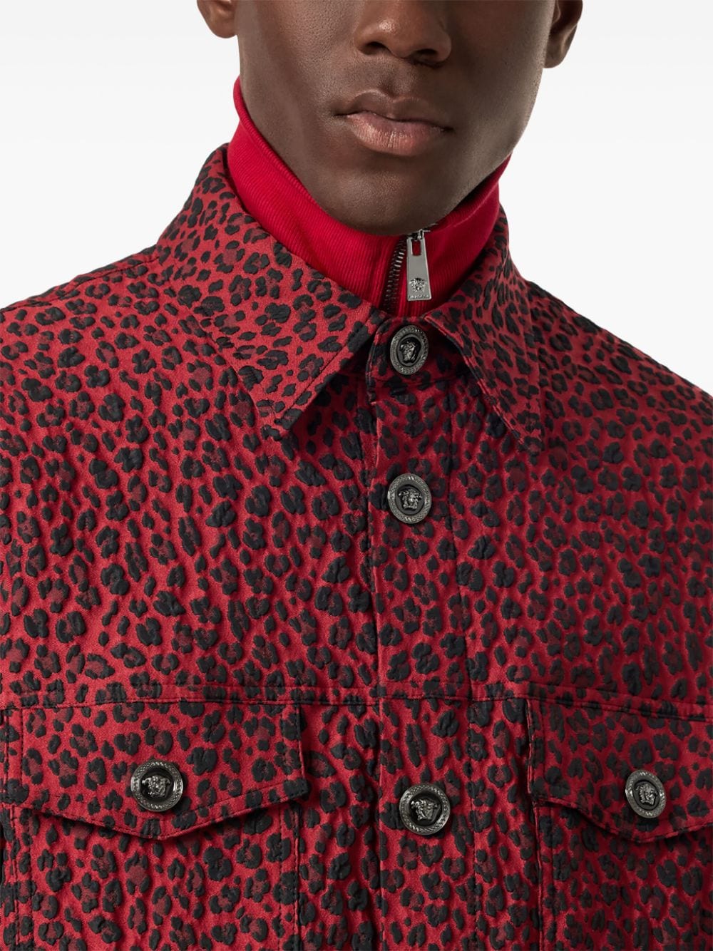 Shop Versace Leopard-jacquard Jacket In Red