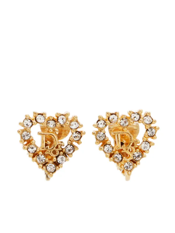 Christian Dior Pre-Owned Heart Rhinestone clip-on Earrings Gold