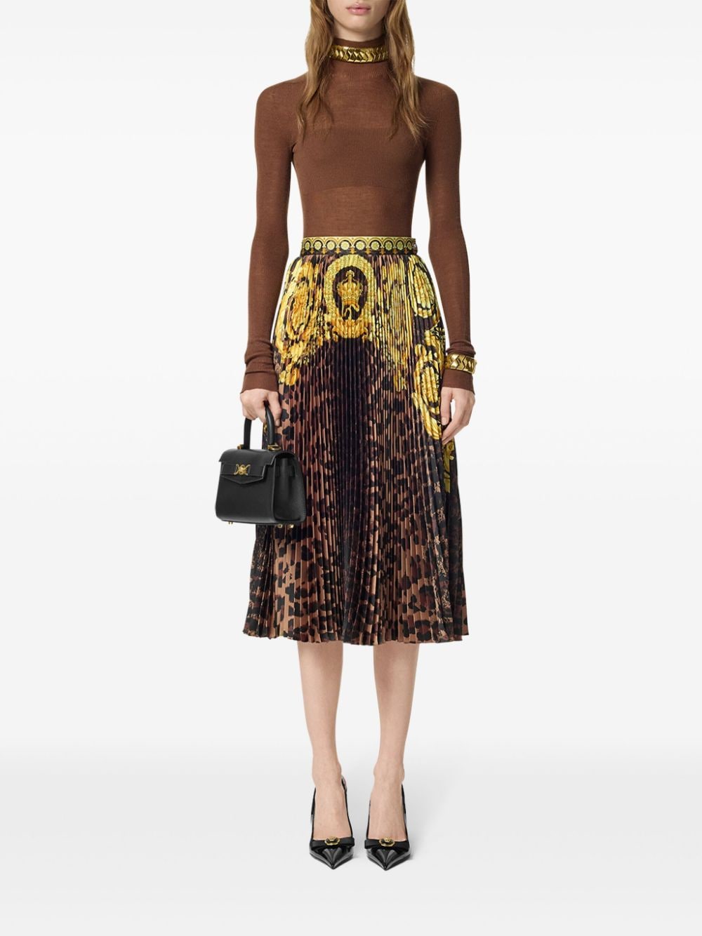 Shop Versace Wild Barocco Pleated Mini Skirt In Brown