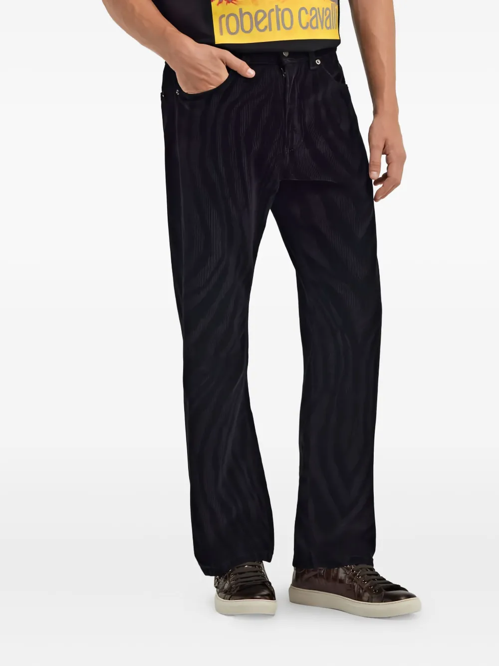 Roberto Cavalli Zebra-print Velvet Trousers In Blue
