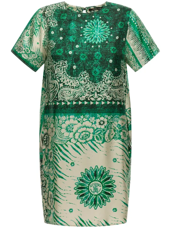 Roberto Cavalli Bandana Print Silk Mini Dress | Green | FARFETCH GE