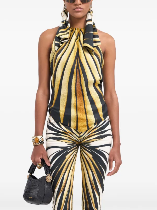 Roberto Cavalli Ray Of Gold Print Halterneck Silk Top | Gold