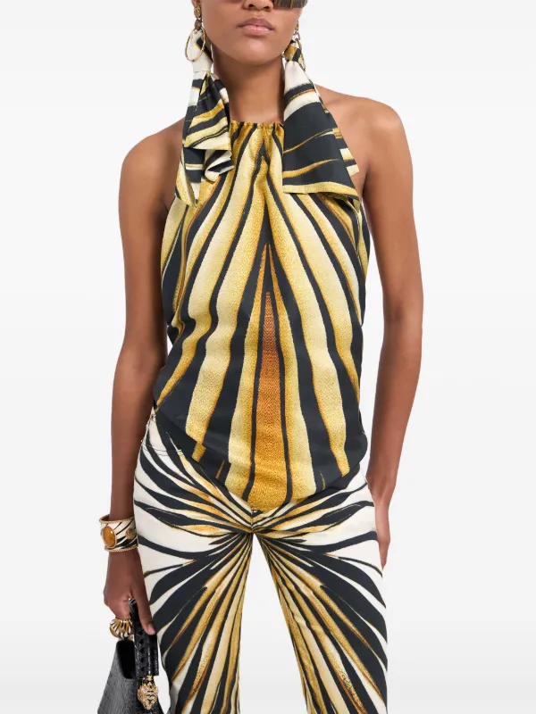 Roberto Cavalli Ray Of Gold Print Halterneck Silk Top | Gold