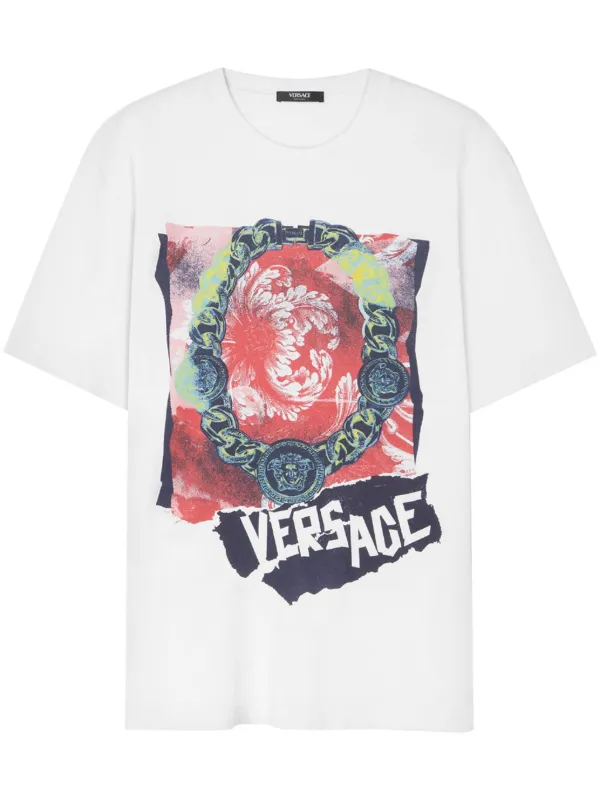 【関税&送料込】Versace White Cotton T-Shirt Versace Jeans Couture Cotton Printed Logo White T-Shirt 3XL