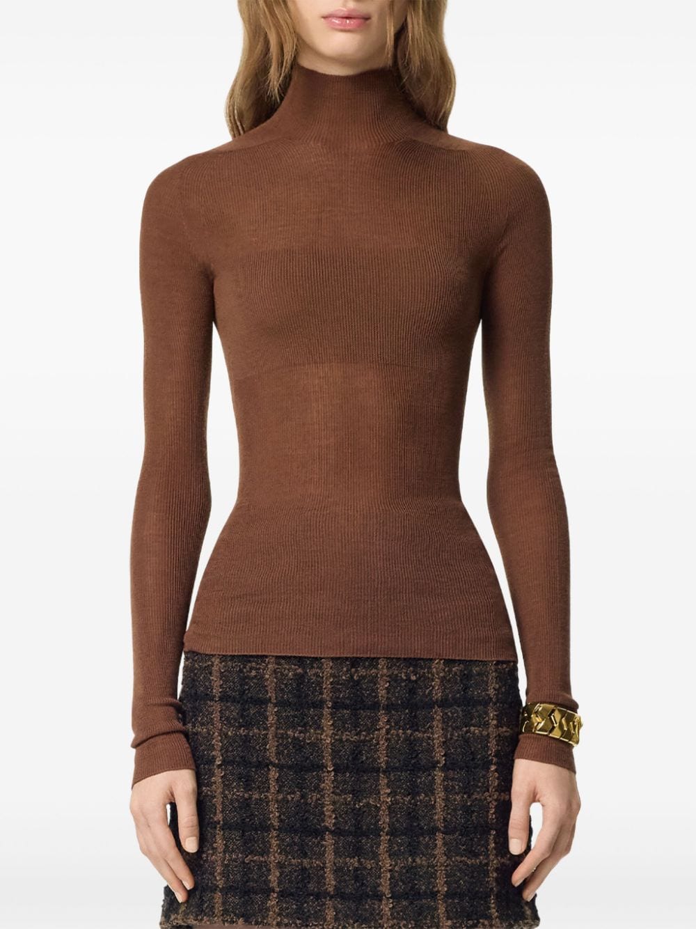 Shop Versace Wool Ribbed-knit Top In Brown