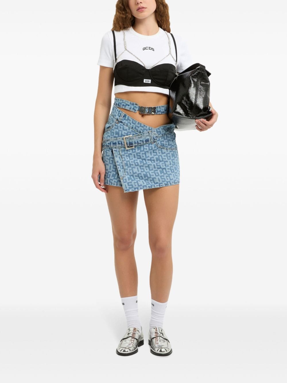 Shop Gcds Monogram Denim Skirt In Blau