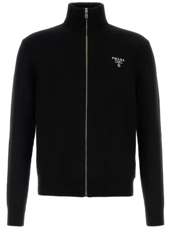Prada Logo-embroidered Zip-up Cardigan in Black