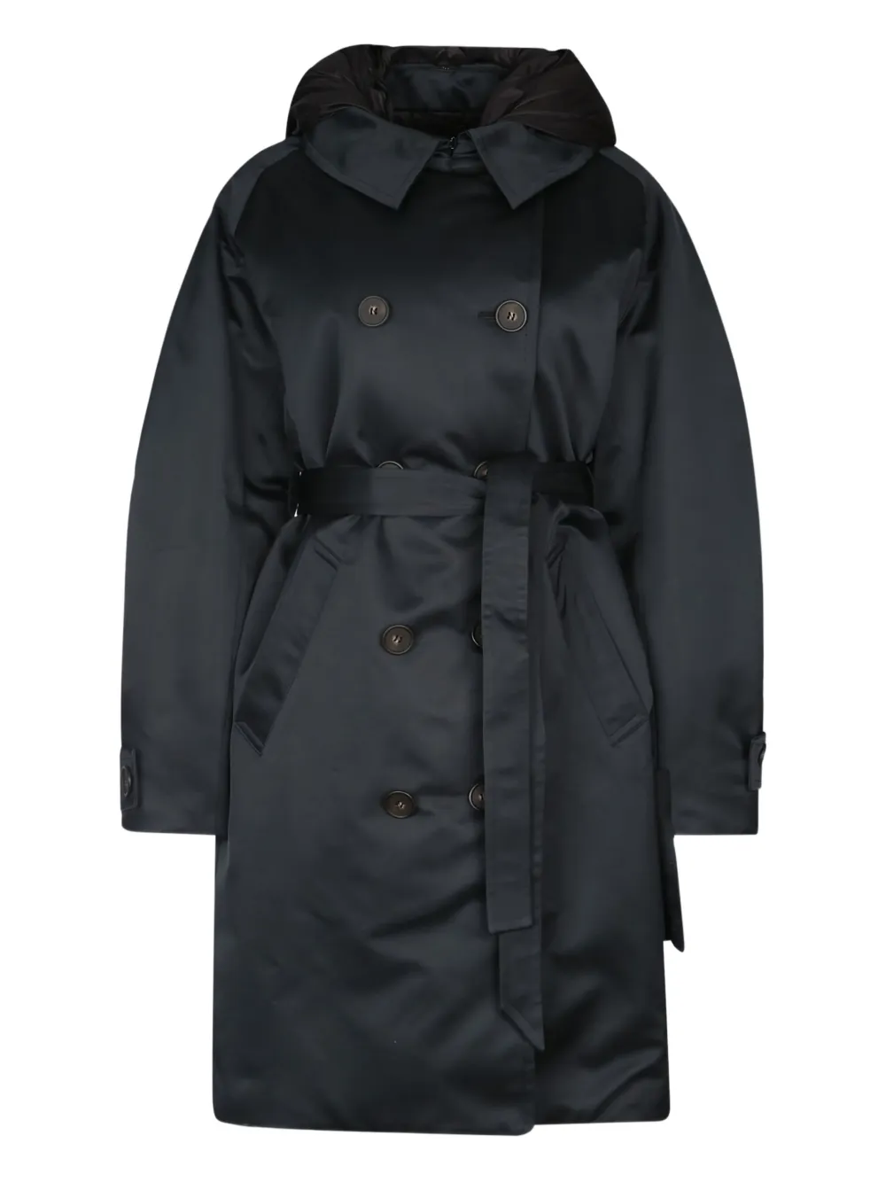 Add hooded double-breasted trench coat Zwart