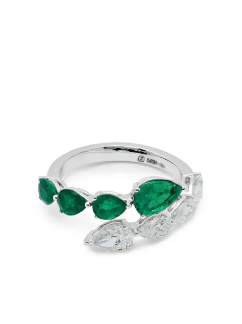 Jewels Aficionado 18kt white gold Bypass emerald and diamond ring