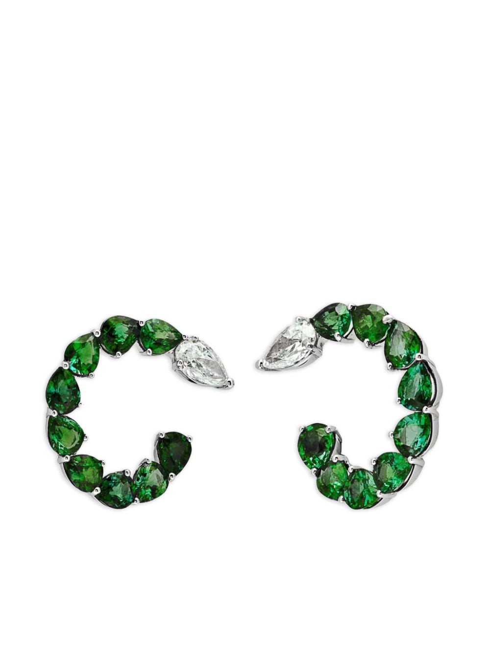 Shop Jewels Aficionado 18kt White Gold Emerald And Diamond Hoop Earrings In Silver