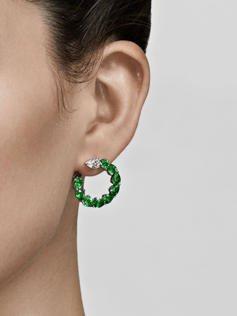 Shop Jewels Aficionado 18kt White Gold Emerald And Diamond Hoop Earrings In Silver