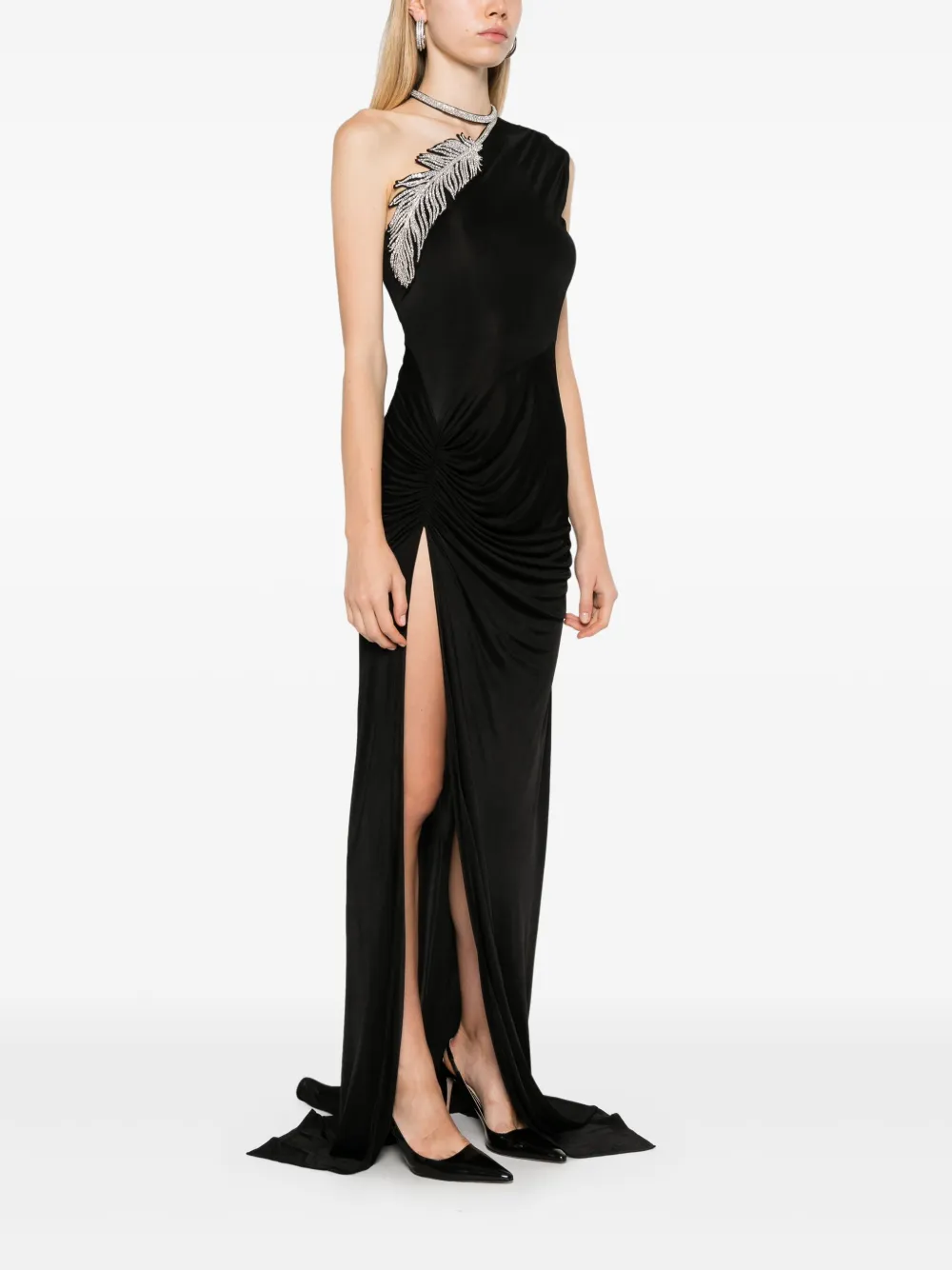 David Koma One-shoulder Embellished Satin-jersey Gown In Black