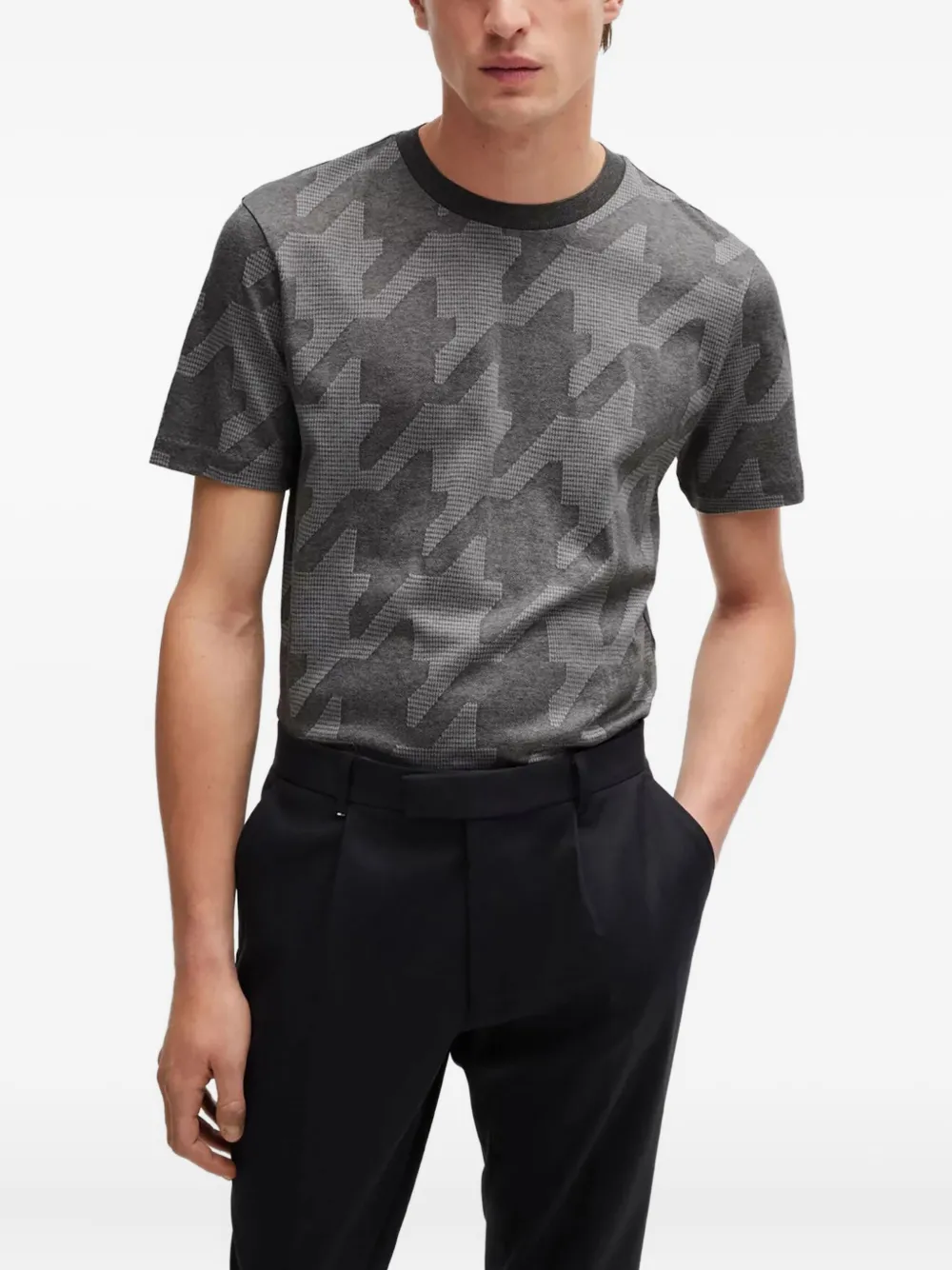 Hugo Boss Mercerized-cotton T-shirt With Houndstooth Jacquard In Gray