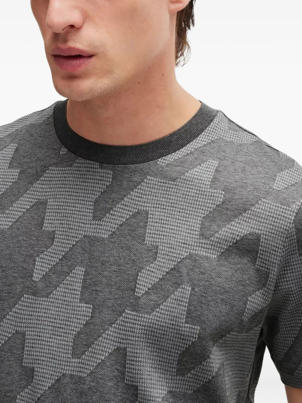 Hugo Boss Mercerized-cotton T-shirt With Houndstooth Jacquard In Gray