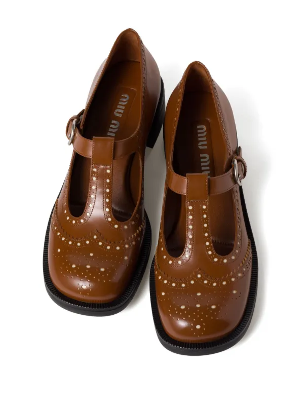 MIU MIU ◆ Brushed Leather Brogue Slingback Miu Miu Brushed Leather Brogue Slingback T-Strap Pumps in