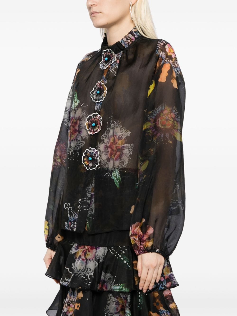 Shop Cynthia Rowley Floral-print Silk Blouse In Black