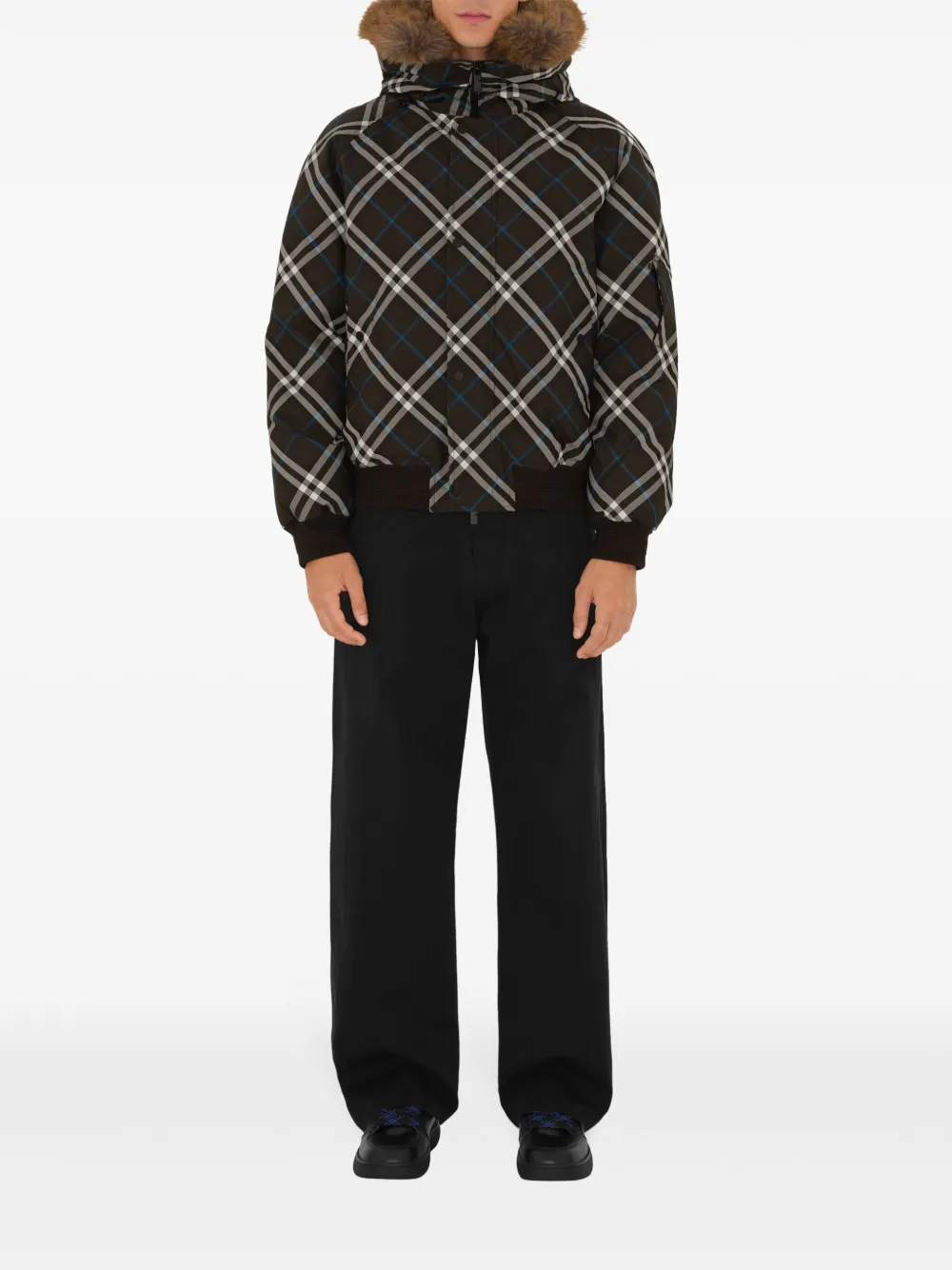 Burberry faux fur-trim checkered bomber jacket - Bruin