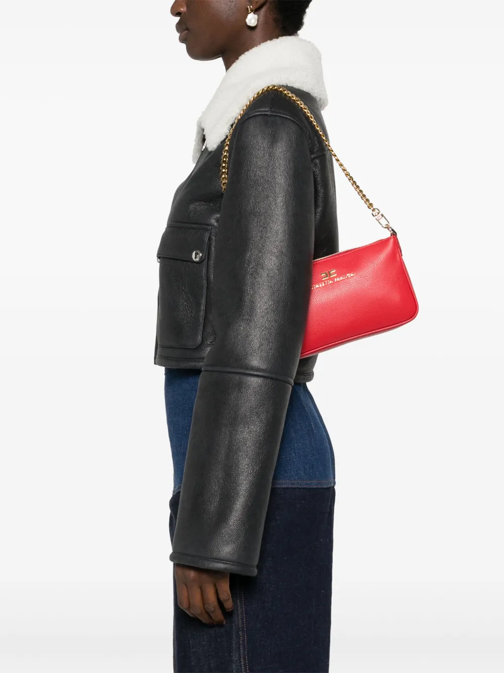Elisabetta Franchi logo-lettering leather shoulder bag - Rood