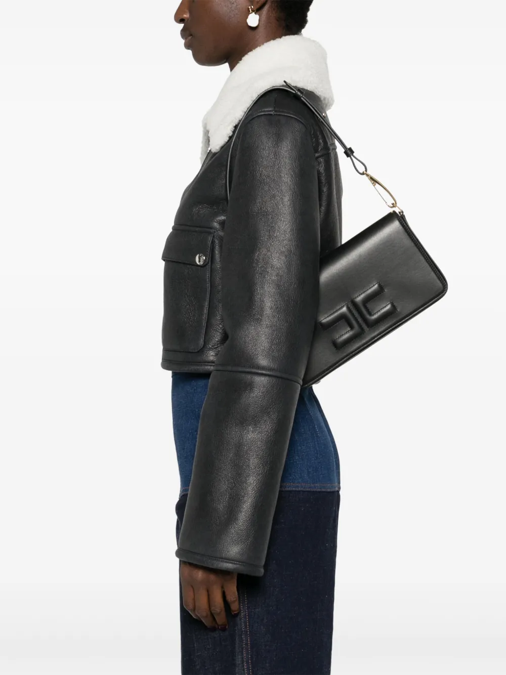 Elisabetta Franchi logo-embossed leather shoulder bag - Zwart