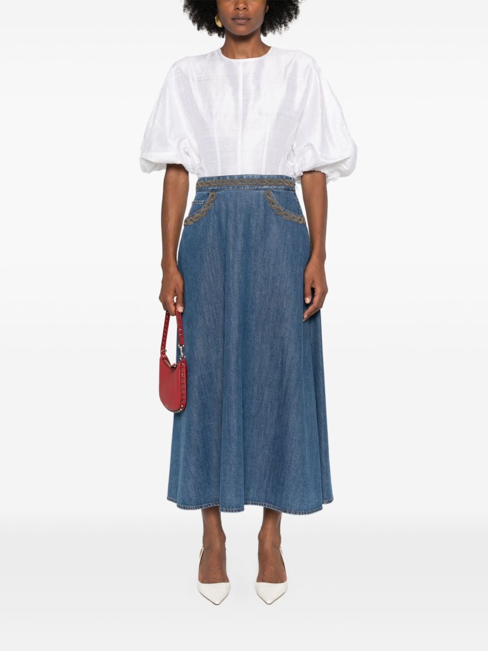 Shop Valentino Denim Midi Skirt In Blue