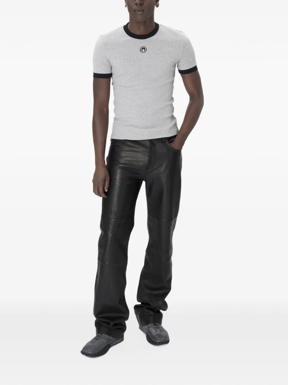 Marine Serre Leren broek met monogram-reliëf Zwart