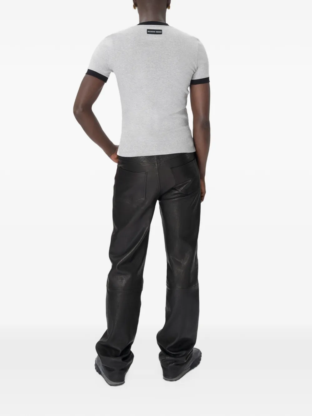 Marine Serre Leren broek met monogram-reliëf Zwart