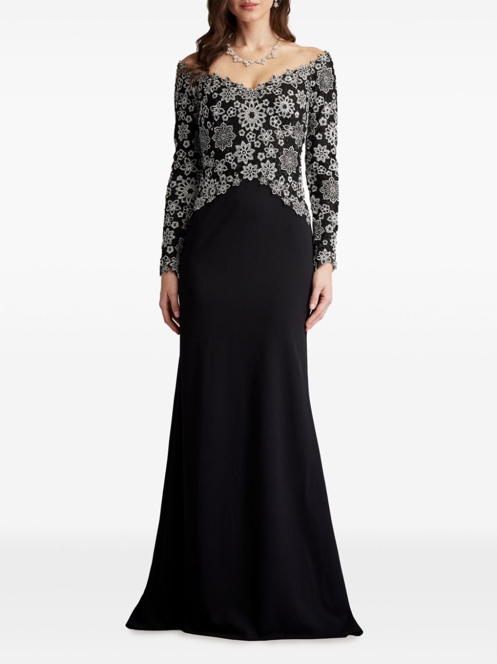 Shop Tadashi Shoji Floral-embroidered Dress In Black