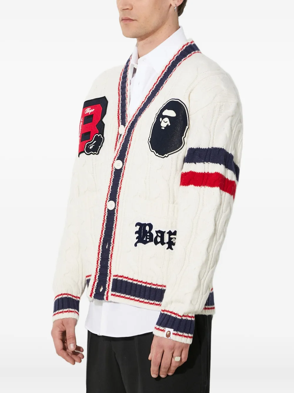 A BATHING APE Kabelgebreid universiteitsvest Beige