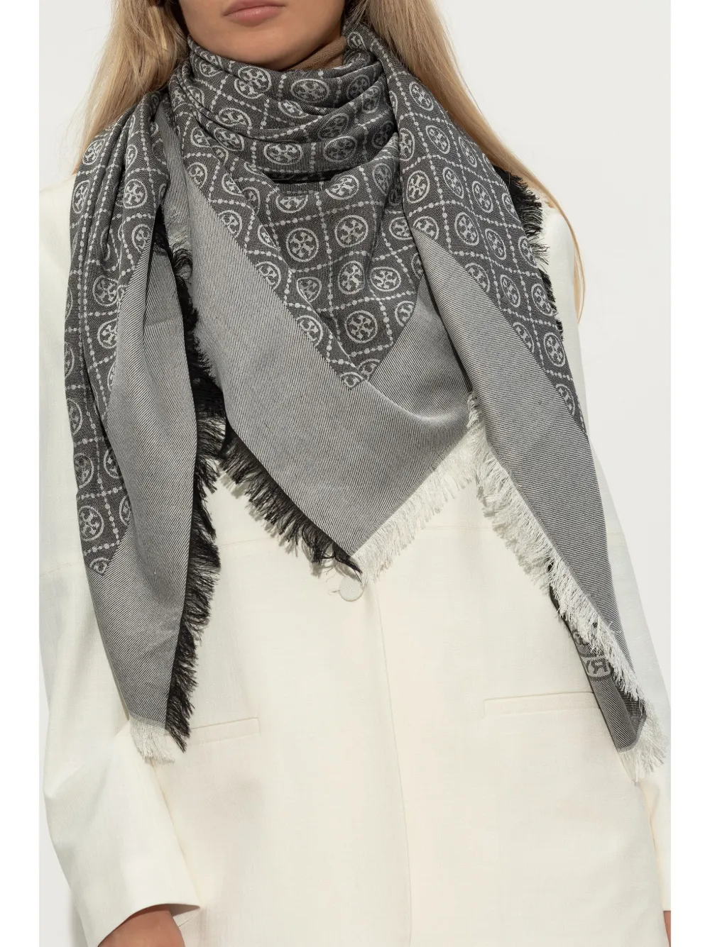 TORY BURCH MONOGRAM FRINGED SCARF
