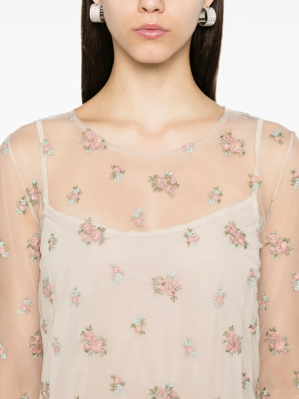 Blumarine Midi-jurk met geborduurde bloemen Beige