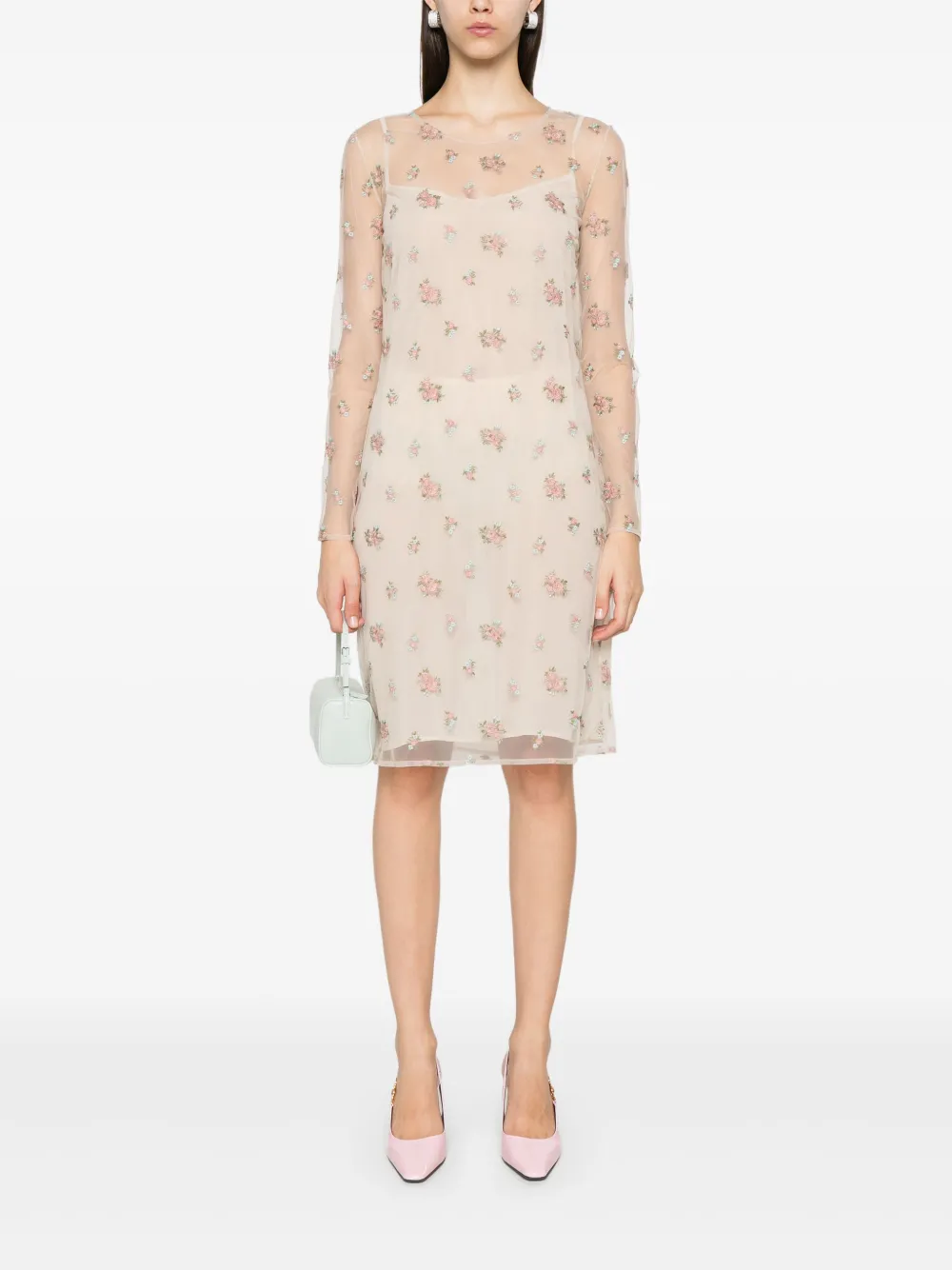 Blumarine Midi-jurk met geborduurde bloemen - Beige