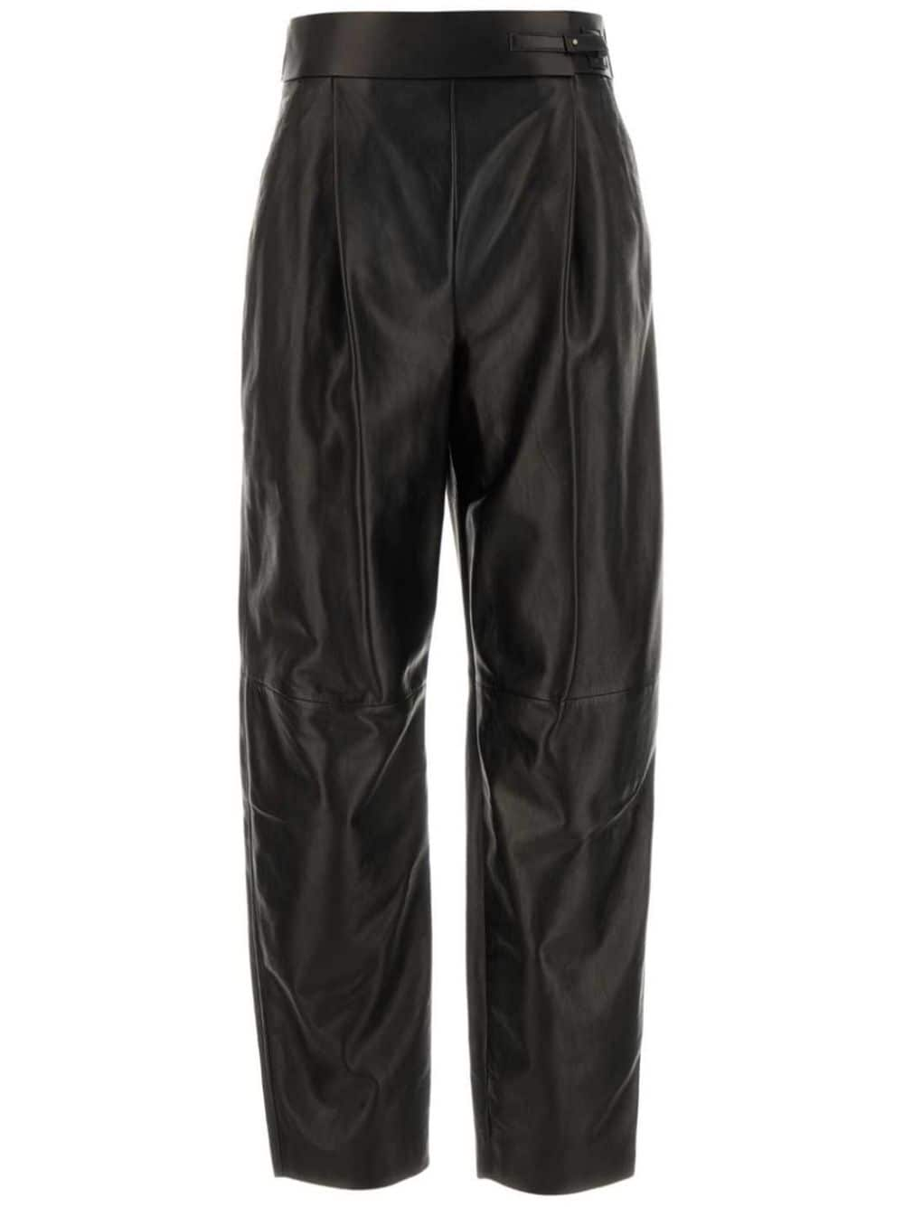 Shop Giorgio Armani Leather Straight-leg Trousers In Black