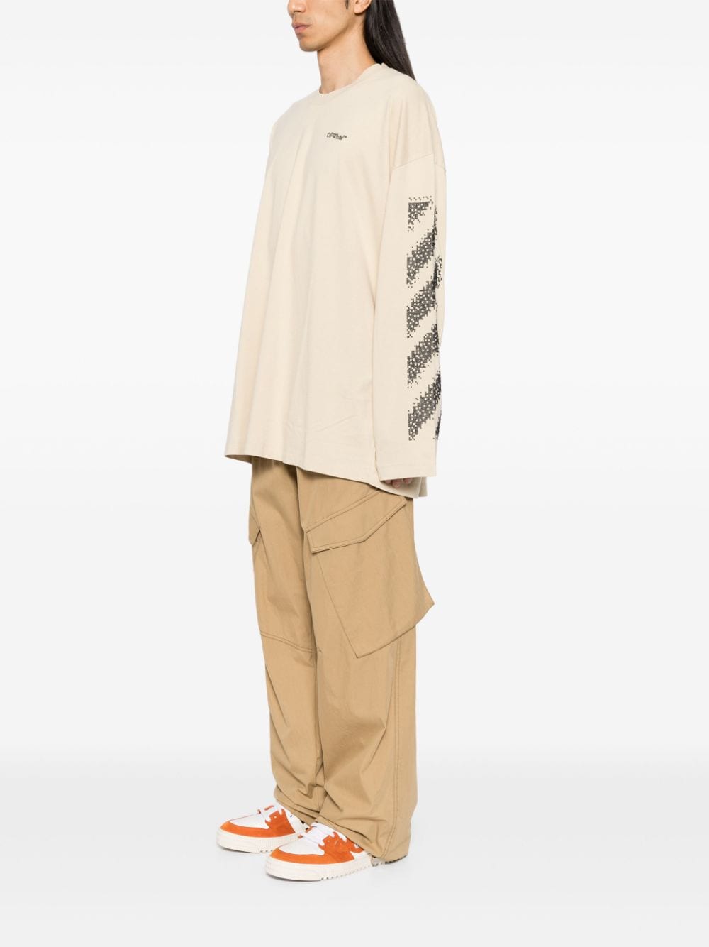 Shop Off-white Logo-embroidered Long-sleeved T-shirt In Neutrals